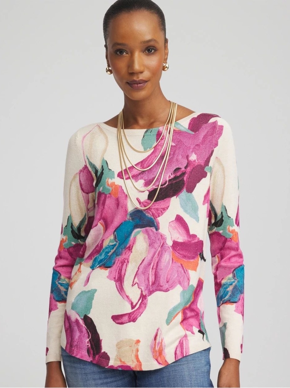 CHICOS Ella Boatneck Watercolor Pullover Sweater, Like New